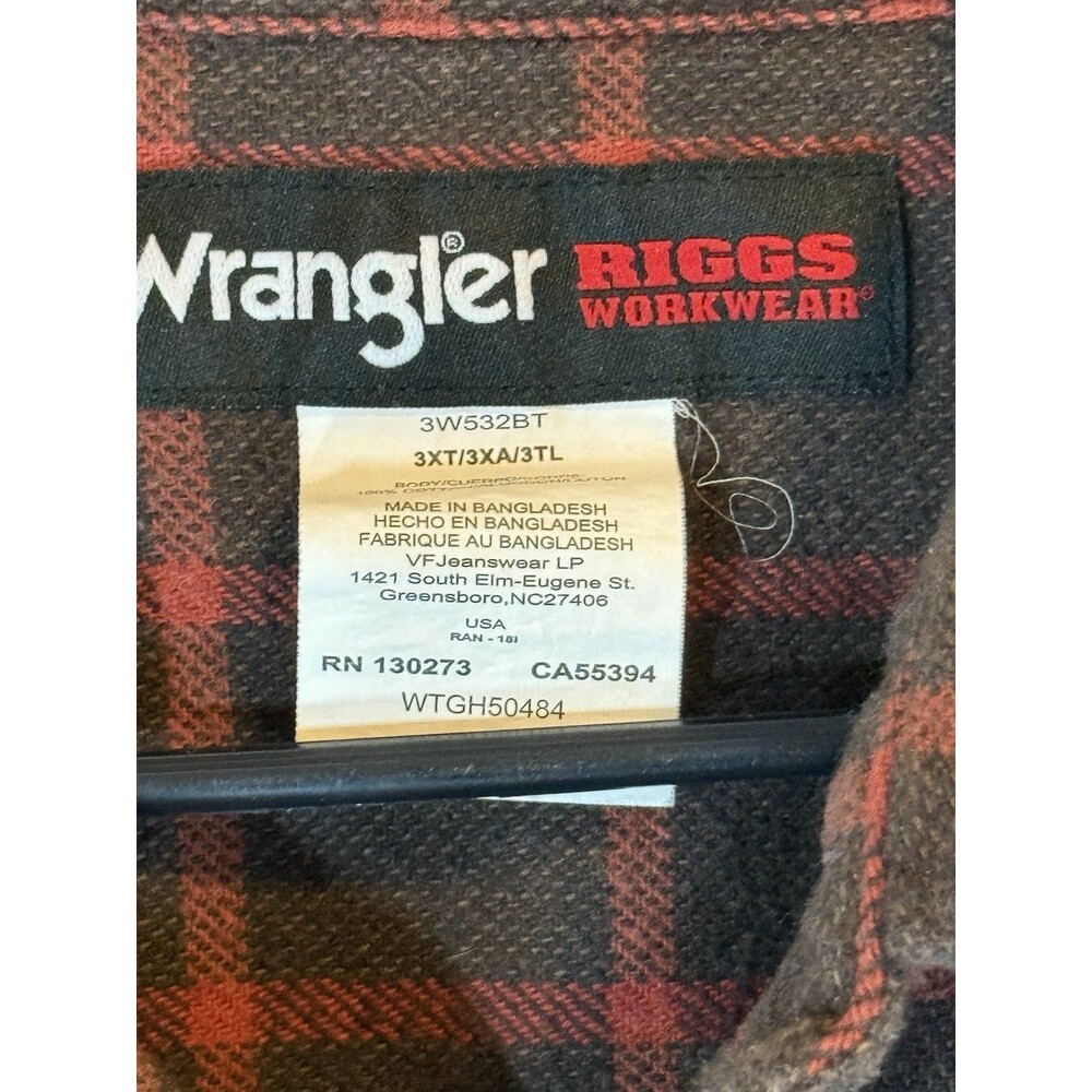 Wrangler Riggs Workwear Men’s 3XT Flannel Long Sleeve Shirt Red Brown Plaid - Picture 2 of 4